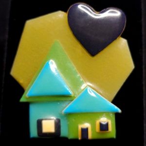 Vintage Collectible Lucinda House Pin Brooch Handmade Green Blue Heart